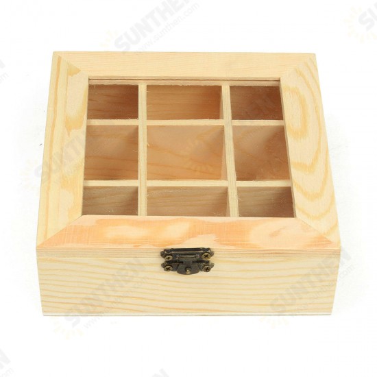 9 Compartments Wooden Tea Bag Jewelry Organizer Chest Storage Box Glass Top Log