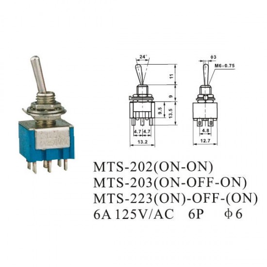SMT-202 ON/ON AC 125V 6A 6 Pins Toggle Rocker Switch 10pcs