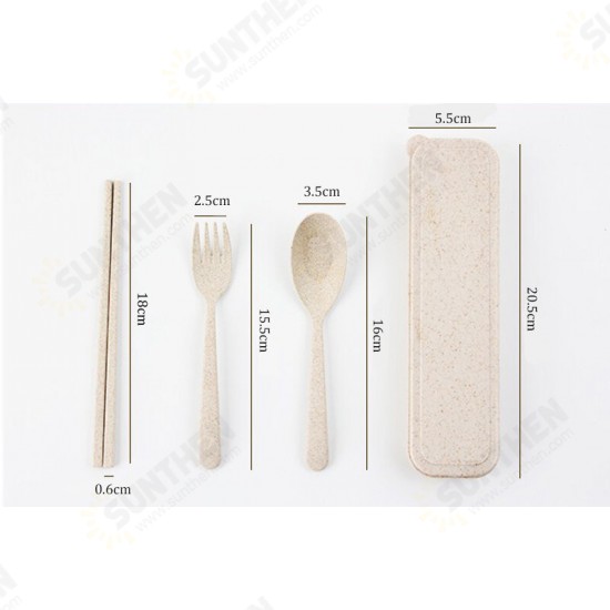 Portable Chopstick Fork Spoon Three-piece Eco-friendly Travel Picnic Wheat Straw Tableware Set with Carrying Box