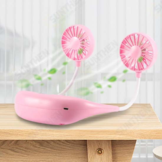 Hanging USB Rechargeable Mini Neck Fan Dual Air Cooler Hands-Free Neck Band LED Lazy Fan