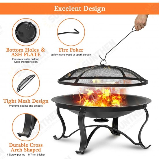 30 inch Fire Pits Steel Wood Burning Firepit with Ash Plate Spark Screen Log Grate Poker