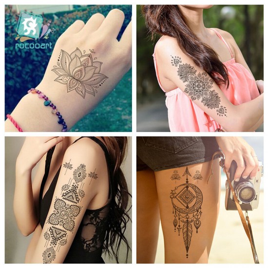 Black Feather Mandala Flower Temporary Tattoo Sticker Waterproof Body Art Arm Tattoo Transfer Paper