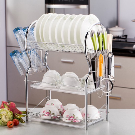 3 Layer Stainless Steel Kitchen Dish Rack Cup Drying Drainer Tray Cutlery Holder