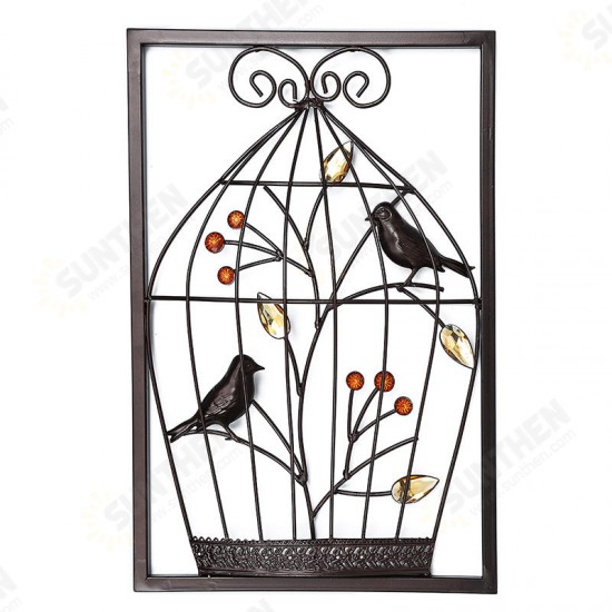 Jeweled Birds Tree Birdcage Sculpture Iron Wrought Hanging Wall Art Decorations Framed