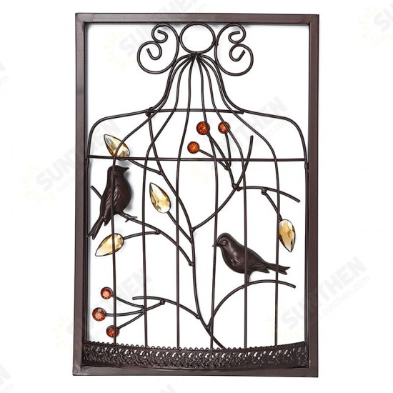 Jeweled Birds Tree Birdcage Sculpture Iron Wrought Hanging Wall Art Decorations Framed