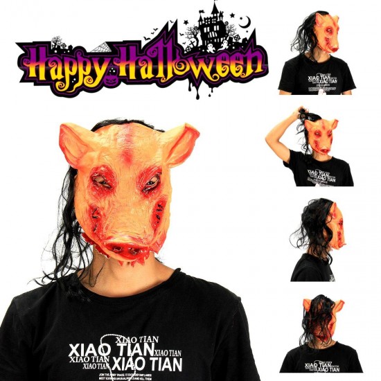 Halloween Creepy Animal Prop Latex Party Unisex Scary Pig Head Mask With Hair Cosplay