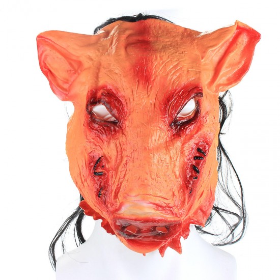 Halloween Creepy Animal Prop Latex Party Unisex Scary Pig Head Mask With Hair Cosplay