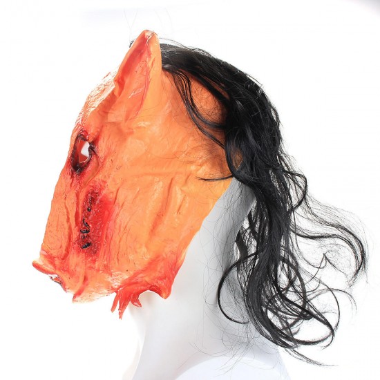 Halloween Creepy Animal Prop Latex Party Unisex Scary Pig Head Mask With Hair Cosplay