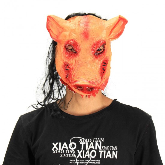 Halloween Creepy Animal Prop Latex Party Unisex Scary Pig Head Mask With Hair Cosplay