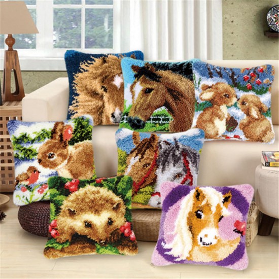 Funny Animal Pattern Latch Hook Kit Pillow Case Making Kit DIY Craft 43x43cm