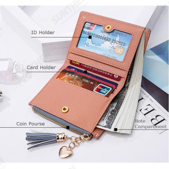 Women Men Leather Wallet Tassel Ladies Zipper Purse with Coin Pocket