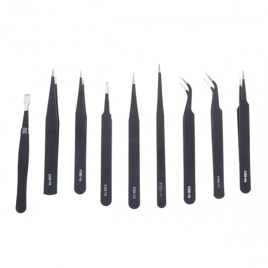 9 Pcs ESD Tweezer Anti-static Stainless Steel Precisiion Tweezers for Electronics Nail Beauty