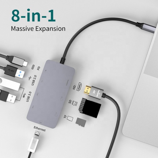 8 in 1 Type-C Docking Station USB-C Hub Adapter with USB2.0 USB3.0 USB-C PD 100W 4K HDMI-Compatible RJ45 Gigabit LAN Ethernet TF/SD Card Reader