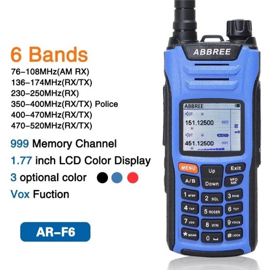 AR-F6 Walkie Talkie Six 6 Bands Police Band LCD Color Display Dual Display Dual Standby 999CH DTMF SOS Ham Radio