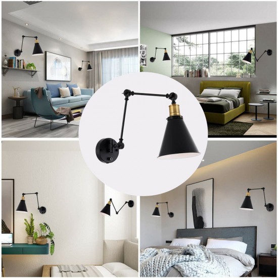 1/2Pcs Swing Arm Wall Lamp 110V Industrial Plug-In LED Light Corded Wall Black Finish Without Bulbs