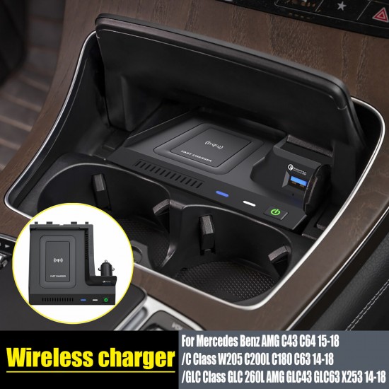 10W Car Charger with Wireless Charger for Mercedes Benz AMG C43 C64 C Class W205 C200L C180 C63GLC Cl