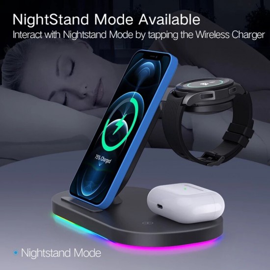 3In1 15W 10W 7.5W 5W Wireless Charger Stand Fast Charging Holder Samsung Galaxy S21 Galaxy Watch Active Galaxy Buds iPhone 13 AirPods Pro Huawei