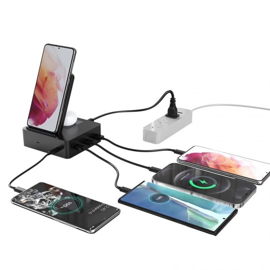 6in1 15W Wireless Charger+Earbuds Wireless Charger+3*USB-A+1*Type-C Ports Stand Docking Station for iPhone 12 Samsung Huawei Mate40 OnePlus 8 Pro