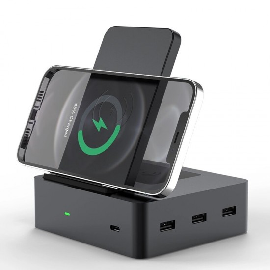 6in1 15W Wireless Charger+Earbuds Wireless Charger+3*USB-A+1*Type-C Ports Stand Docking Station for iPhone 12 Samsung Huawei Mate40 OnePlus 8 Pro