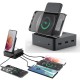 6in1 15W Wireless Charger+Earbuds Wireless Charger+3*USB-A+1*Type-C Ports Stand Docking Station for iPhone 12 Samsung Huawei Mate40 OnePlus 8 Pro