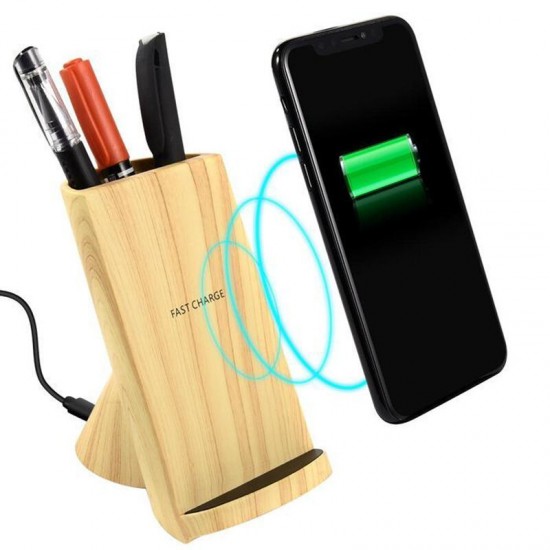 F180 Bamboo 2 Coils Wireless Charger Stand Wooden Stand with Pen Container for Samsung Galaxy S21 Note S20 ultra Huawei Mate40 P50 OnePlus 9 Pro