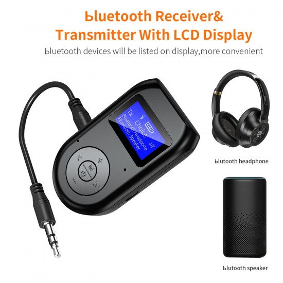 2 in 1 LCD Display bluetooth 5.0 HD 3.5mm Audio Receiver Transmitter Handsfree Adapter for Mobile Phone / Tablet PC / Wired Speaker / Non-bluetooth Feature Phone