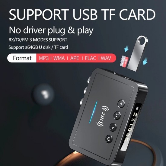 OLED Display NFC-enabled bluetooth V5.0 Audio Transmitter Receiver Wireless 3.5mm Aux / 2RCA / Optical Audio Adapter / FM Transmittter Support USB Disk TF Card