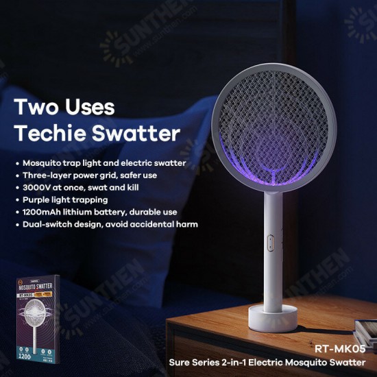 RT-MK05 2-In-1 3000V Mosquito Swatter Killer Racket USB Rechargeable Anti Mosquito Repellent Trap Electric Insect Fly Bug Swatter