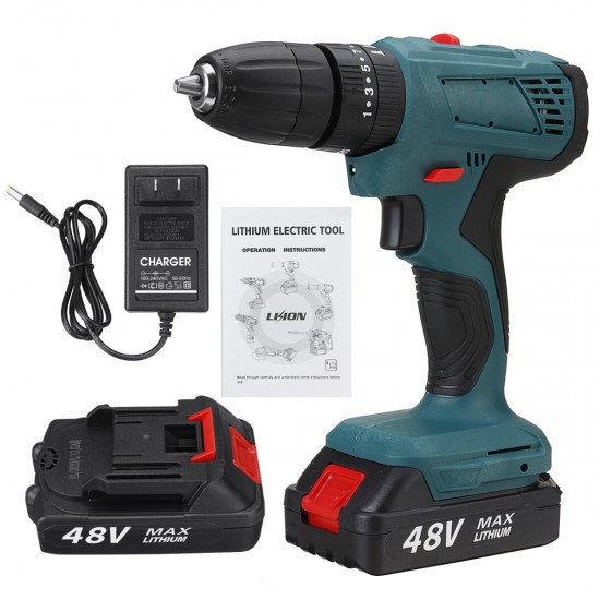 48V Cordless Electric Drill LED Impact Drill 25+3 Gears w/ 1pc or 2pcs Battery