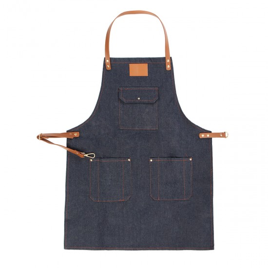 Denim Bib Apron Leather Strap Barista Baker Work Uniform Bartender BBQ Chef Cook Woodworking Apron