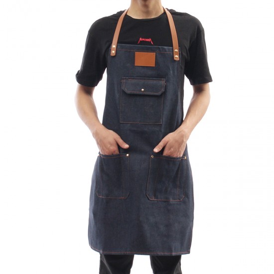 Denim Bib Apron Leather Strap Barista Baker Work Uniform Bartender BBQ Chef Cook Woodworking Apron