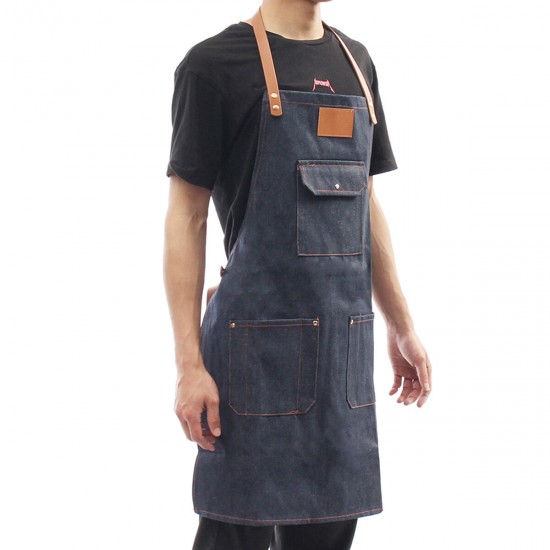 Denim Bib Apron Leather Strap Barista Baker Work Uniform Bartender BBQ Chef Cook Woodworking Apron