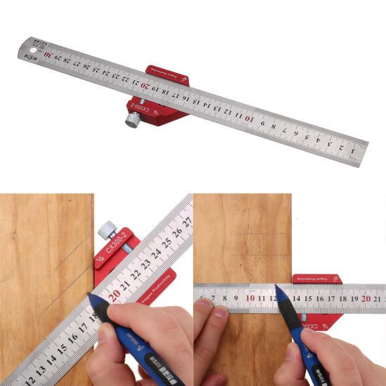 CX300-2 Adjustable 45/90 Degree Metric and Inch Line Scribe Ruler Positioning Measuring Ruler 300mm Marking Ruler Woodworking Tool