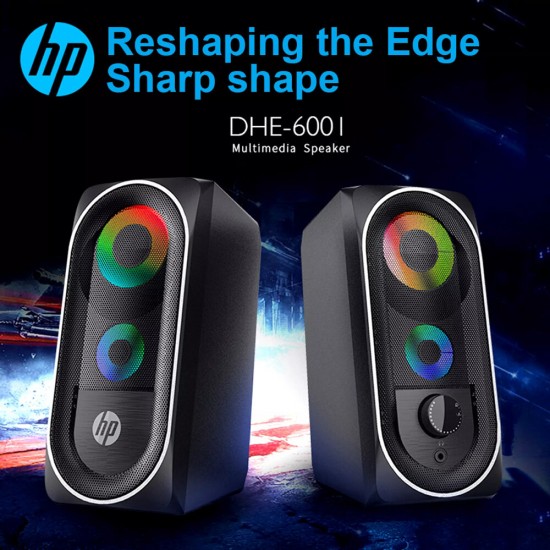 HP DHE6001 Mini Speaker Deep Bass RGB Streamer Light Effect 3.5mm USB Powered Desktop Loudspeaker for Laptop Computer Phone