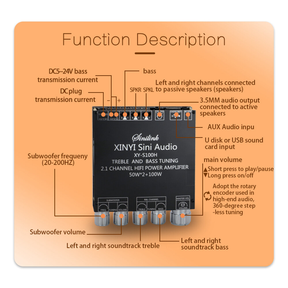 XY-S100H TPA3116D2 50Wx2+100W 2.1 Channel bluetooth Audio Power Amplifier Module High and Low Bass Subwoofer