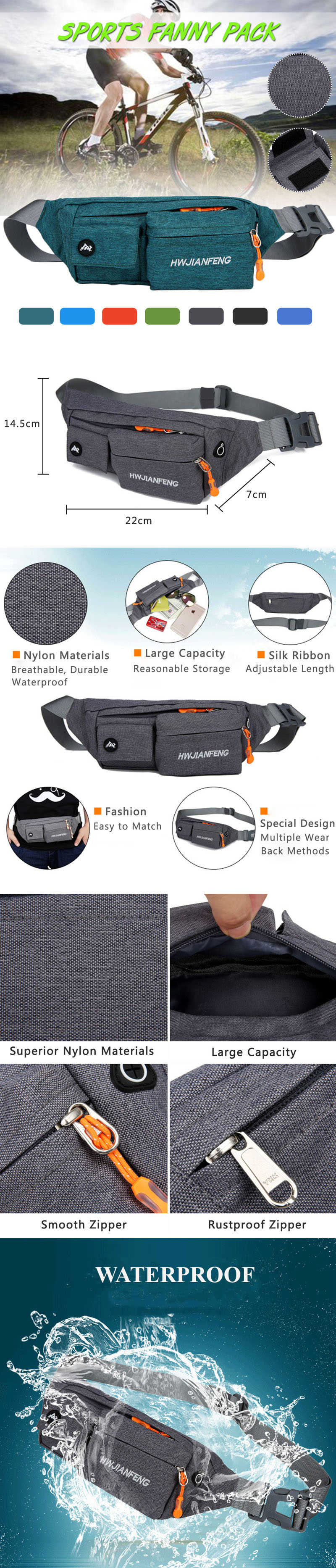 Nylon-Waist-Bag-Waterproof-Crossbody-Bag-Travel-Running-Unisex-Zipper-Phone-Bag-1548628-1