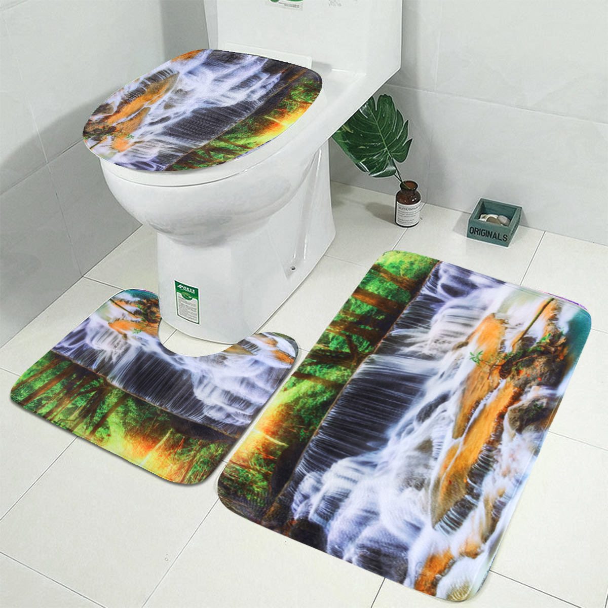 180x180CM-Waterfall-Printing-Waterproof-3PCS-Toilet-Cover-Mat-Non-Slip-Rug-Set-1920569-2