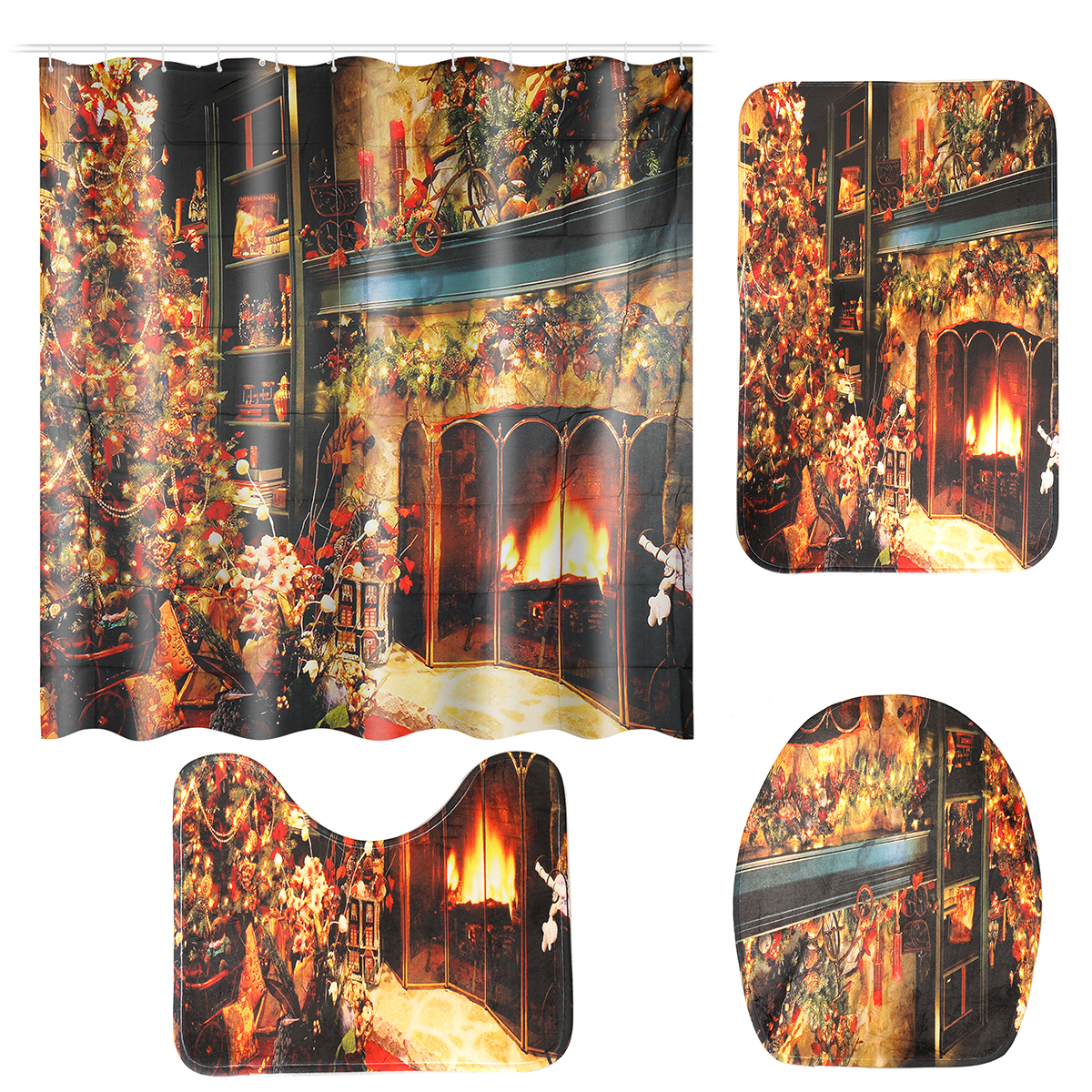 Christmas-Shower-Curtain-Set-Fireplace-Christmas-Tree-Waterproof-Polyester-Fabric-Non-slip-Bath-Mat--1904585-10