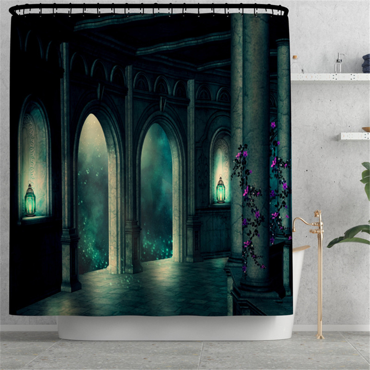 Dark-Castle-Printed-Waterproof-Shower-Curtain-Anti-slip-Toilet-Mat-Carpet-Set-1925460-3