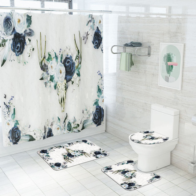 Elk-Flower-Printing-Shower-Curtain-Floor-Mat-Four-Piece-Combination-Bathroom-Mat-Set-1707003-1