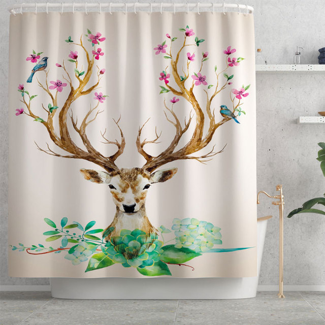 Elk-Flower-Printing-Shower-Curtain-Floor-Mat-Four-Piece-Combination-Bathroom-Mat-Set-1707003-3