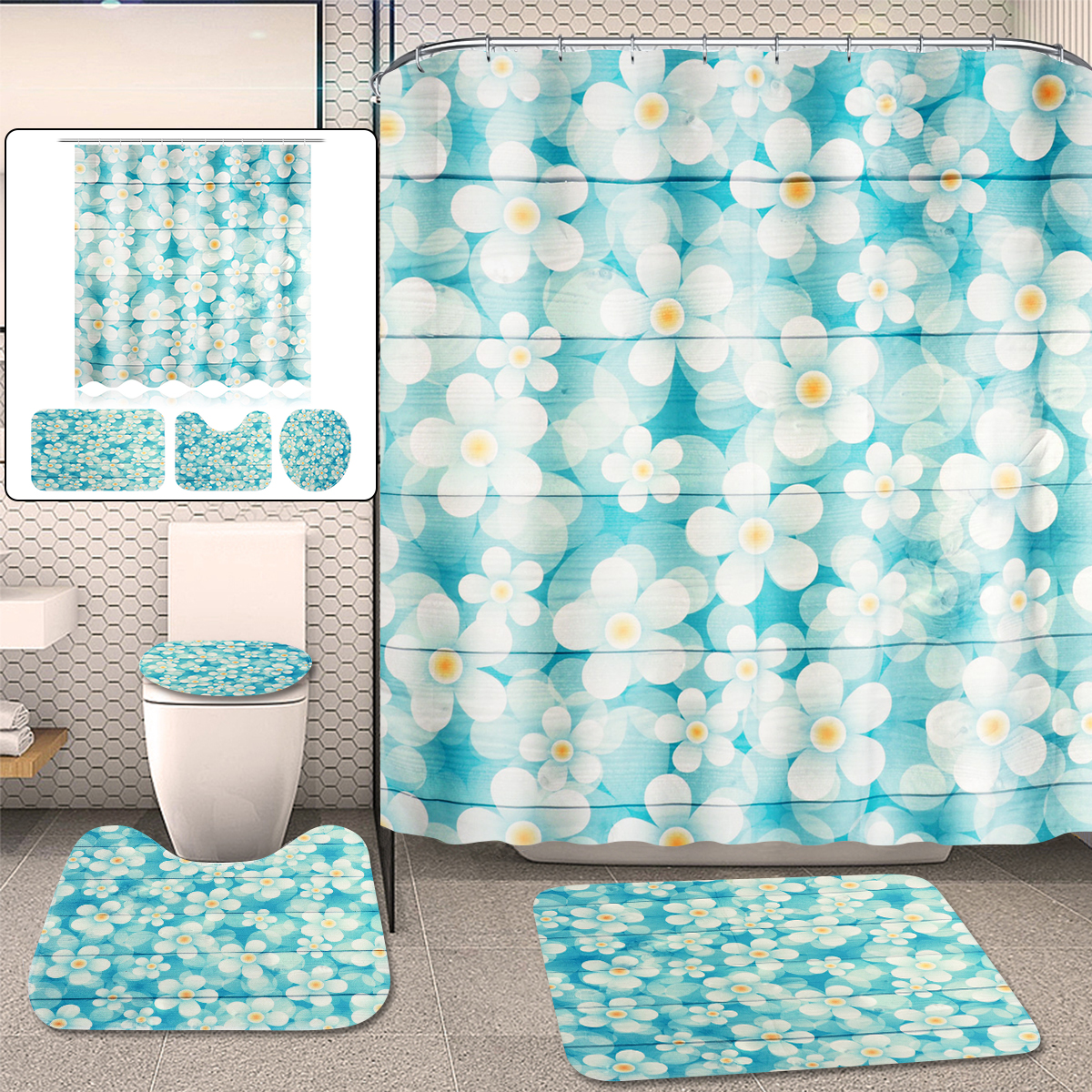 Freehand-Small-Flower-Shower-Curtain-Set-Wear-resistant-Toilet-Seat-Cushion-Toilet-Lid-Cover-Bath-Ma-1925461-1