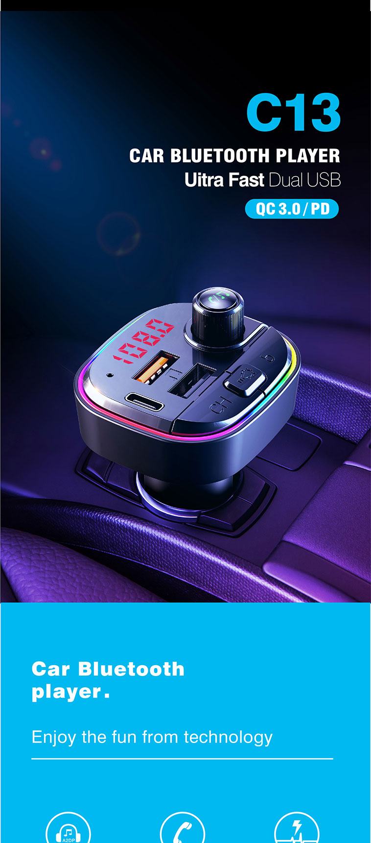 Bakeey-C13-bluetooth-V50-FM-Transmitter-18W-PD--QC30-USB-Car-Charger-7-Colors-RGB-Backlit-Light-LED--1917608-1