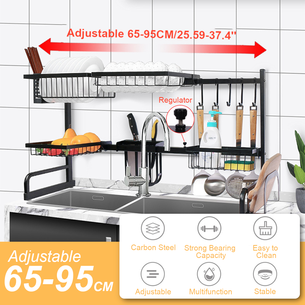 Iron-Art-Retractable-Storage-Rack-63-93cm-Carbon-Steel-Multifunctional-Dish-Rack-Kitchen-Accessories-1767743-1