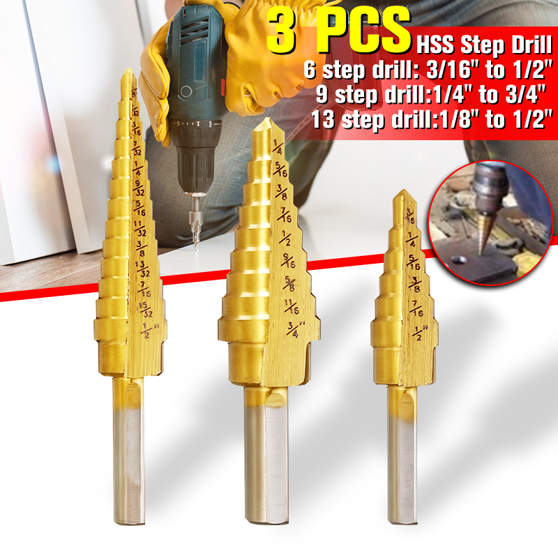 Drillpro-3Pcs-HSS-Round-Shank-Titanium-Coated-Quick-Change-Step-Drill-Bits-316-12-18-12-14-34-Inch-1718144-1