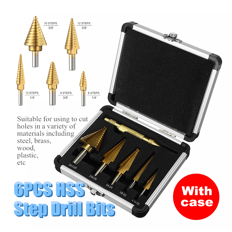 Drillpro-6Pcs-HSS-Titanium-Coated-Step-Drill-Bit-With-Center-Punch-Drill-Set-Hole-Cutter-Drilling-To-1259466-1