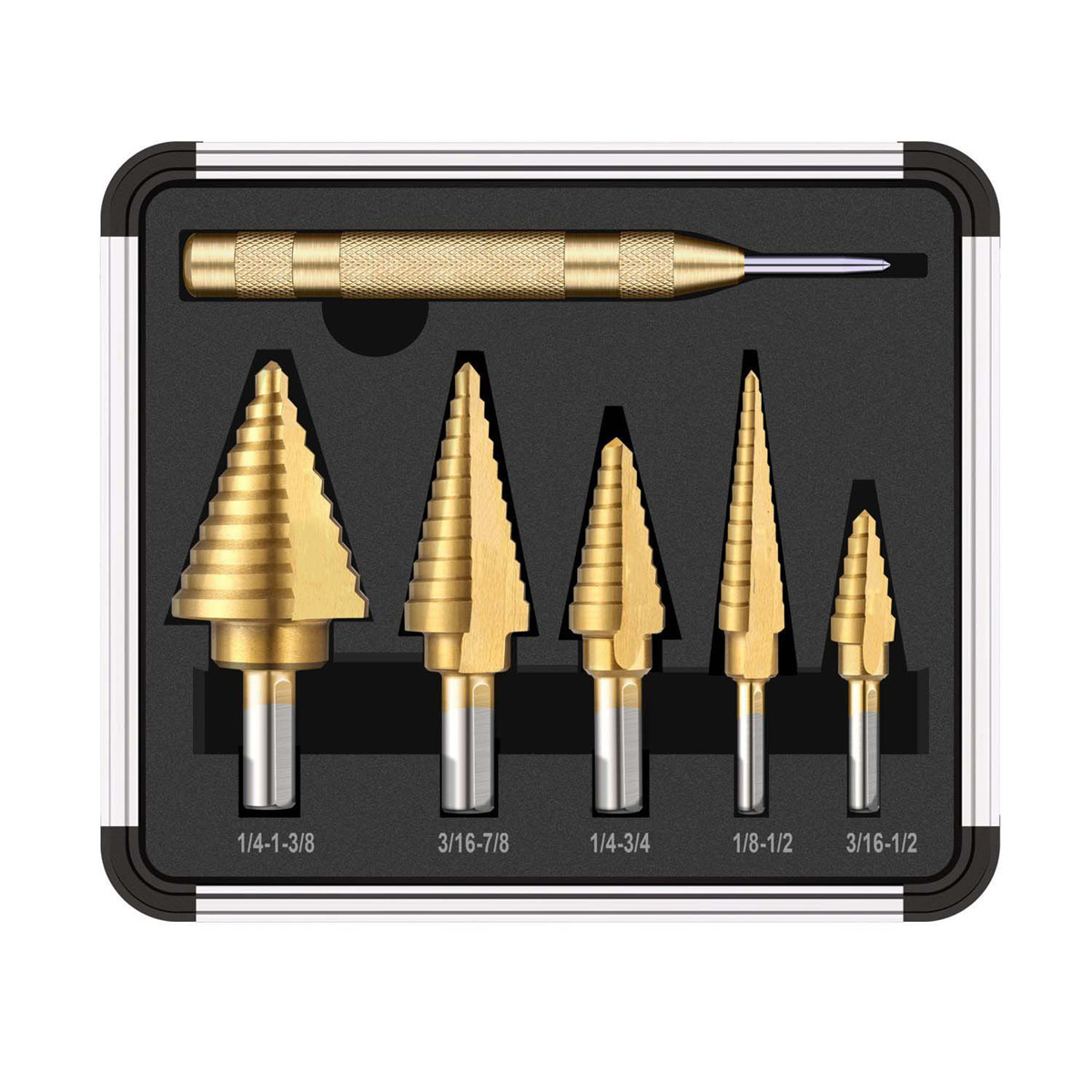 Drillpro-6Pcs-HSS-Titanium-Coated-Step-Drill-Bit-With-Center-Punch-Drill-Set-Hole-Cutter-Drilling-To-1259466-2