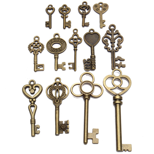 13pcs-Antique-Vintage-Old-Look-Skeleton-Key-Lot-Set-Pendant-Heart-Bow-Lock-Steampunk-Jewel-986823-1