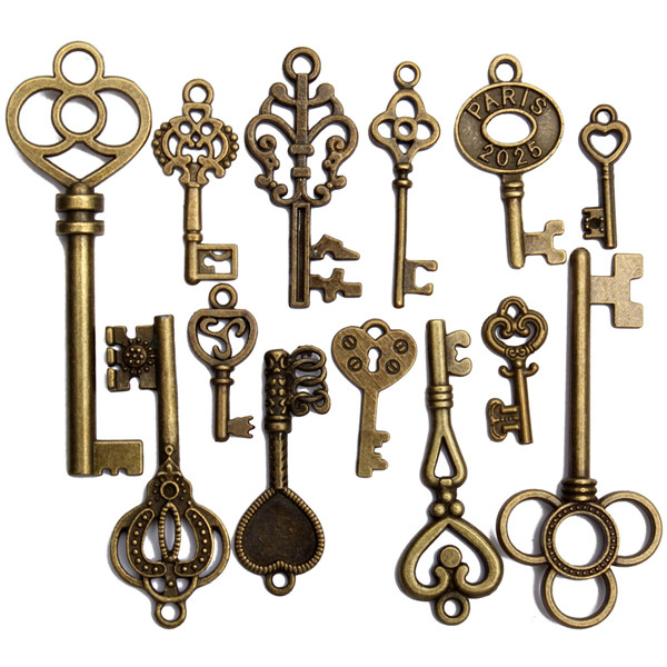 13pcs-Antique-Vintage-Old-Look-Skeleton-Key-Lot-Set-Pendant-Heart-Bow-Lock-Steampunk-Jewel-986823-2