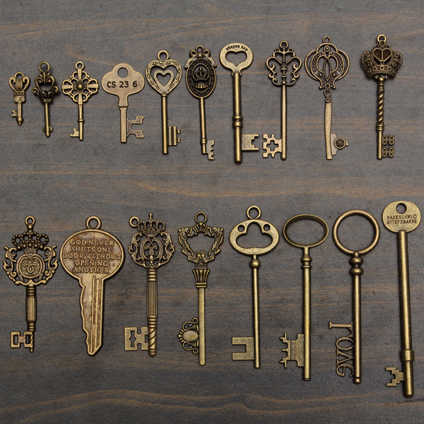 18pcs-Antique-Vintage-Old-Look-Skeleton-Key-Lot-Pendant-Heart-Bow-Lock-996990-2